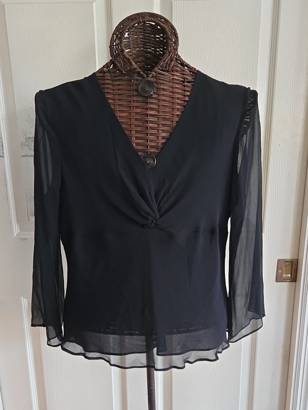 Allison Taylor Black Twist-Front V-Neck Sheer-Sleeve Blouse